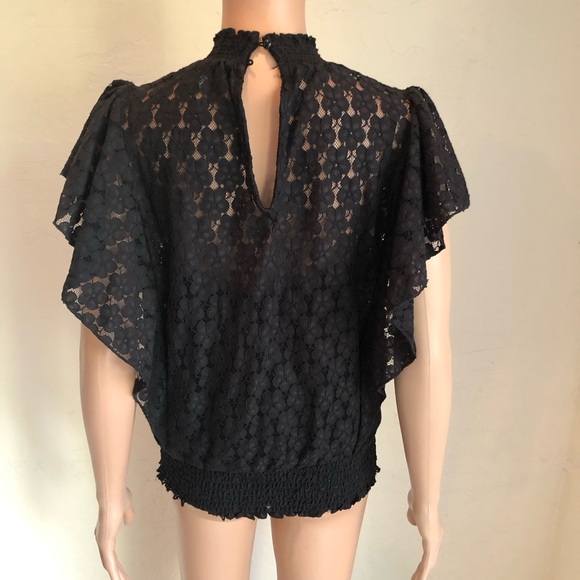CeCe Black Laced High-Neck Peplum Top Women’s Size M Short Flare Sleeves Lining - Picture 2 of 16
